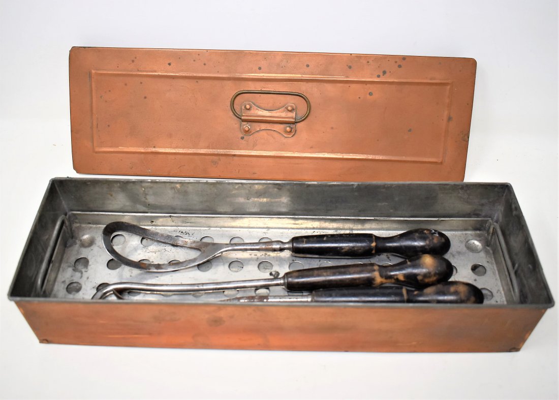 Copper Medical Tool Sterilization Tray Obstetric Tools: Copper Medical Tool Sterilization Tray w/ what I believe are Obstetric Tools