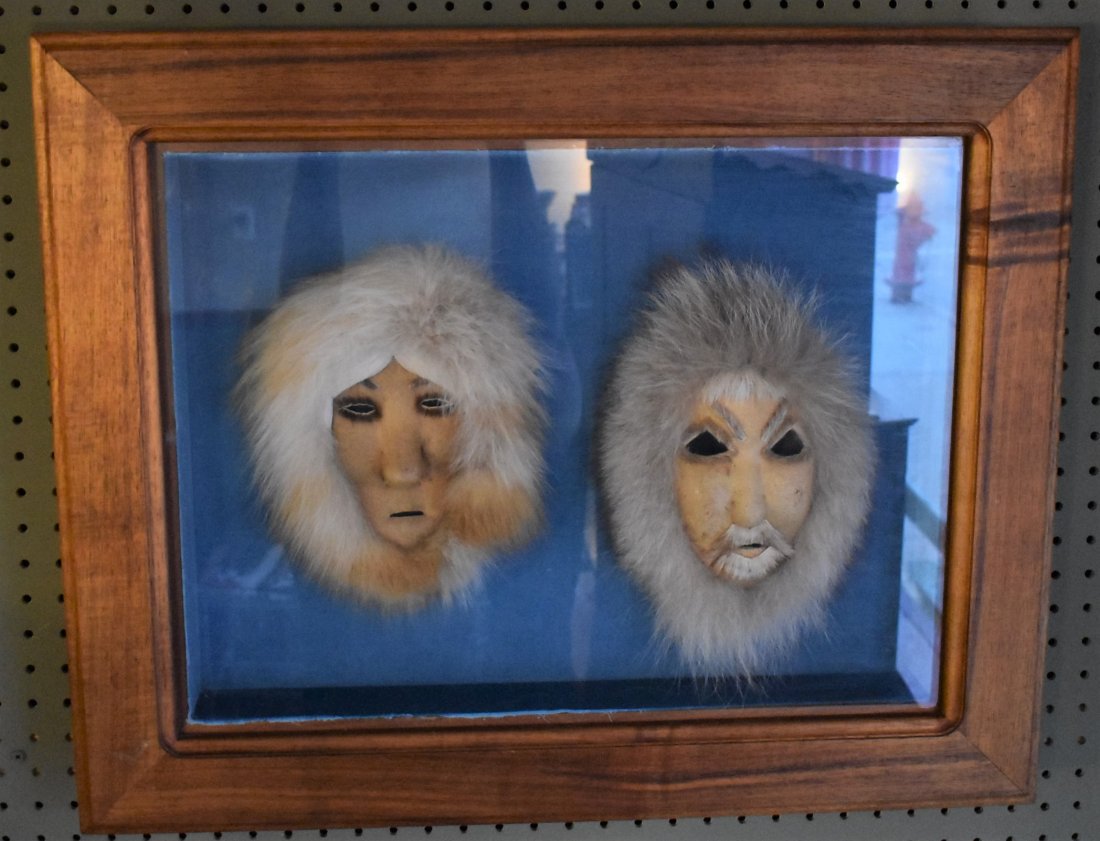 Inuit Art Eskimo Ceremonial Skin Mask set of 2 Framed: Inuit Art Eskimo Ceremonial Skin Mask set of 2 Framed - these were brought back to the states in 1982 and have a nice note attached about them (shown in photos) - sold in as-is as-shown condition - pl
