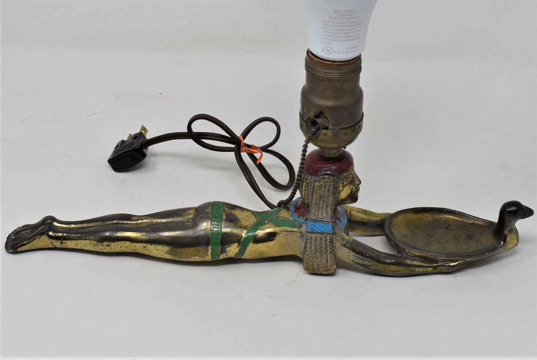 Art Deco Egyptian Revival Nefertiti Incense Desk Lamp: Art Deco Egyptian Revival Nefertiti Cold Painted Incense Desk Lamp - missing incense cover - believed to be Frankart 1920's era. Cool Lamp - shade came with it, it's of the correct age but in our opin