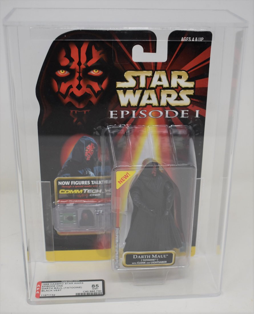 Star Wars Episode 1 Darth Maul (Tatooine) Black AFA 85: 1999 Hasbro Star Wars Episode one Phantom Menace Darth Maul (Tatooine) w/ Black Vest -AFA Graded 85 NM+ - AFA 11971132 - Figure and Case are in great shape and already graded and ready for your collec
