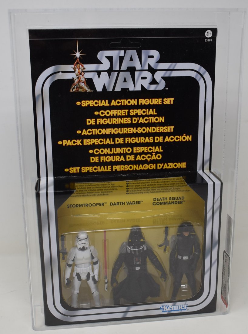 Star Wars Vintage 3-pack Villain Set European Box AFA 9: 2011 Hasbro Star Wars Vintage Collection 3-pack Villain Set European Box AFA Graded 9.0 (out of 9.0) - AFA Label 26335588 - great shape and already graded and ready for your collection!! Case Measures