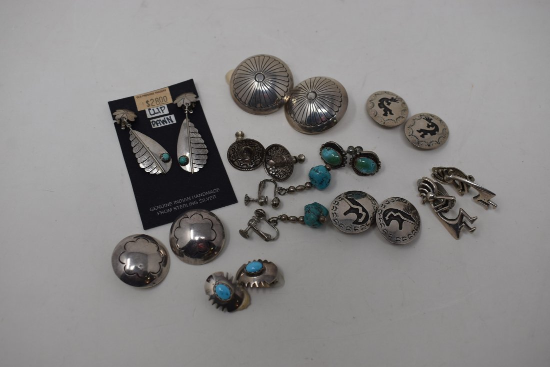 10 Pairs of Sterlling Silver Earrings: all are clip on, some are signed Native American