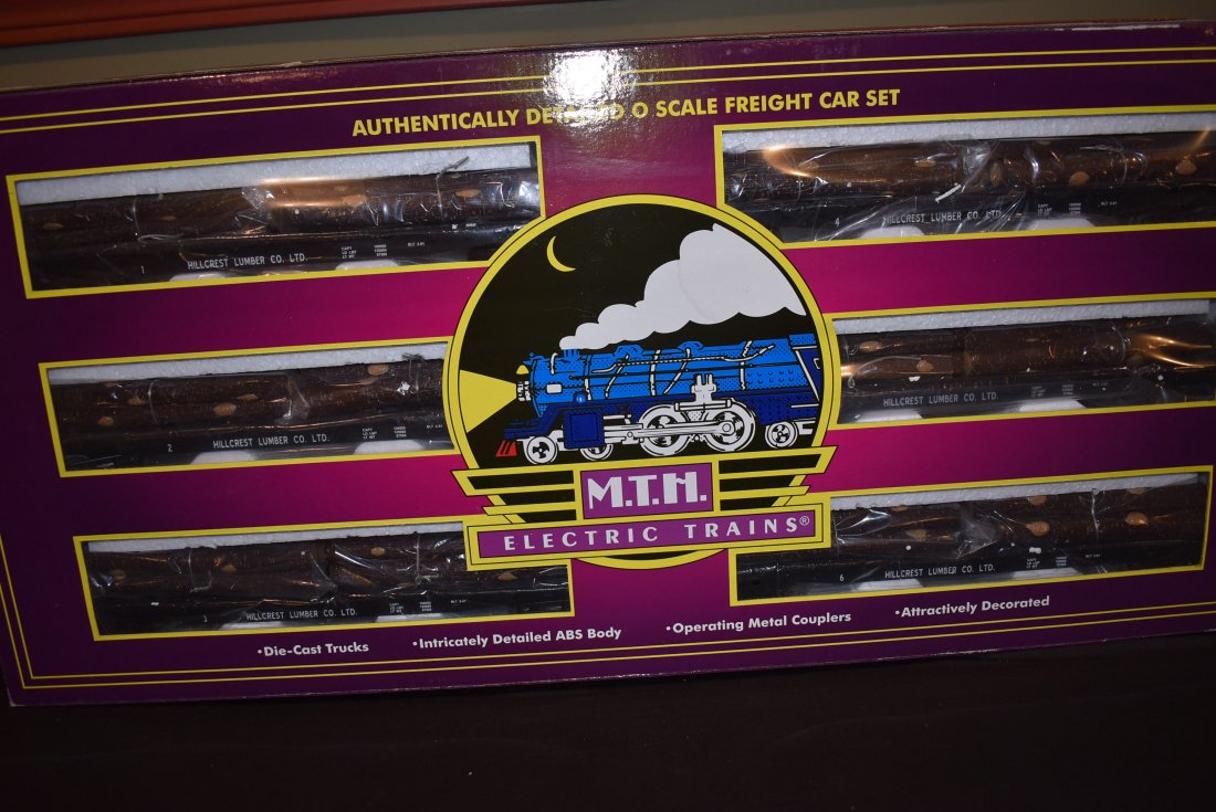 MTH O Scale Hill Crest Lumber Flat Car Set NEW: M.T.H. 20-98119 Hill Crest Lumber Co. Flatcar with Logs 6 Car Set. Brand new in box.