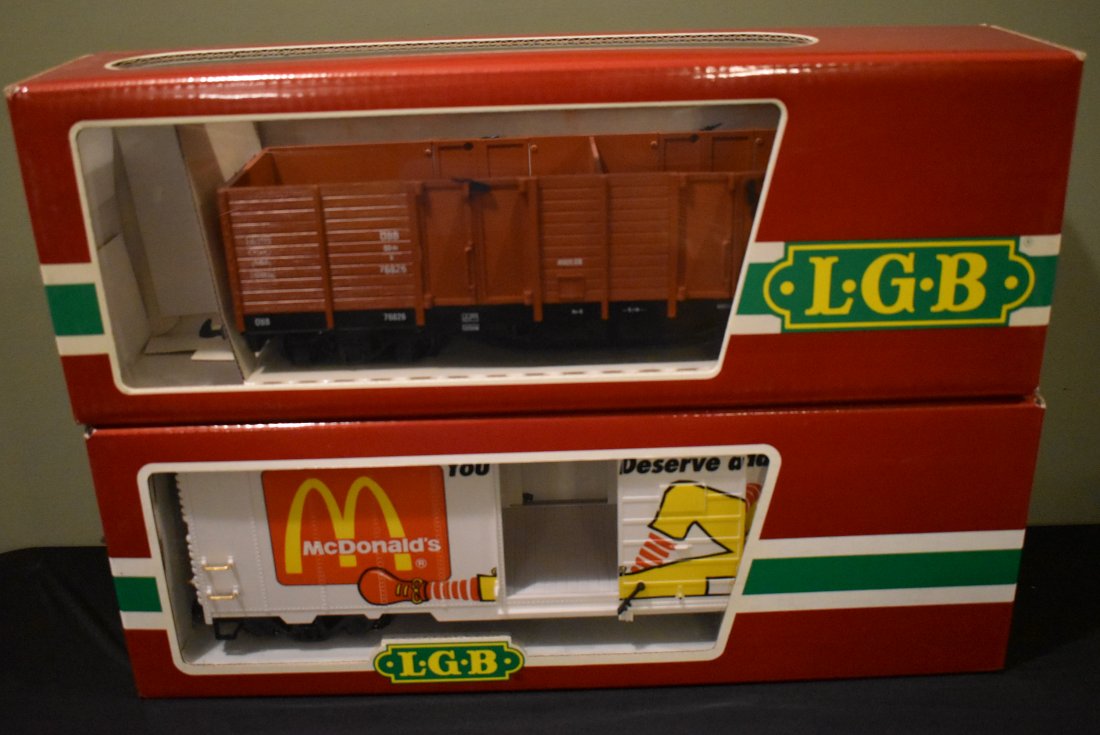2 LGB G Scale Boxcars NEW in Box: A lot of 2 LGB G Gauge Box Cars including 44910 McDonalds and 4062 High-Sided Wagon. Both are brand new in box.