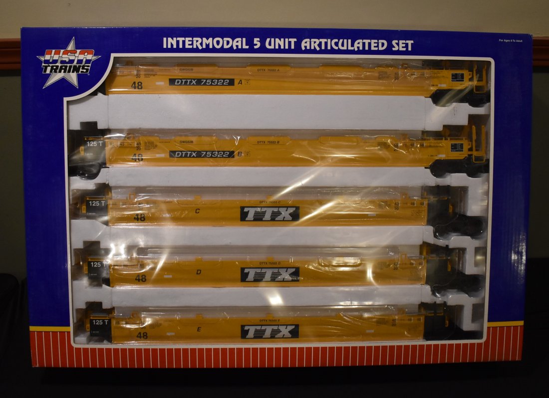 USA Trains G Scale Intermodal 5 Unit Set NEW IN BOX: USA Trains G Gauge R17150 Intermodal 5 Unit Articulated Set DTTX 75322, brand new in box.