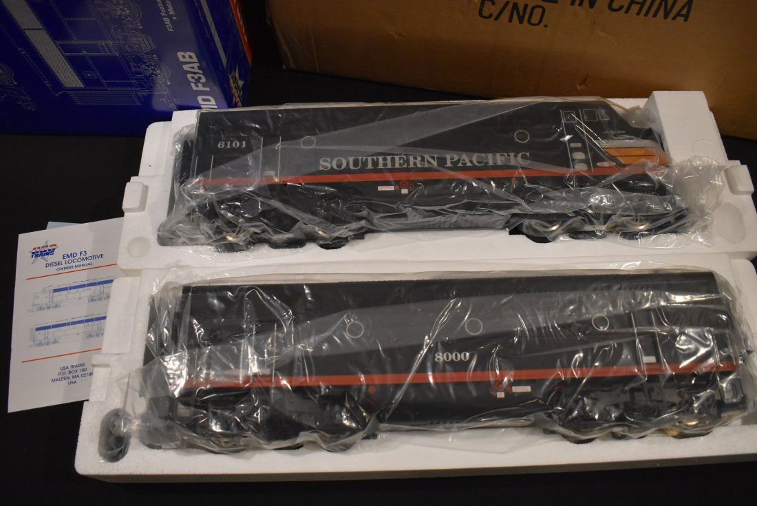 USA Trains EMD F3AB Southern Pacific Set G Scale NEW: USA Trains EMD F3 A&B Set, Souther Pacific # 6101 & 8001 Units. They come brand new in box with shipping box.