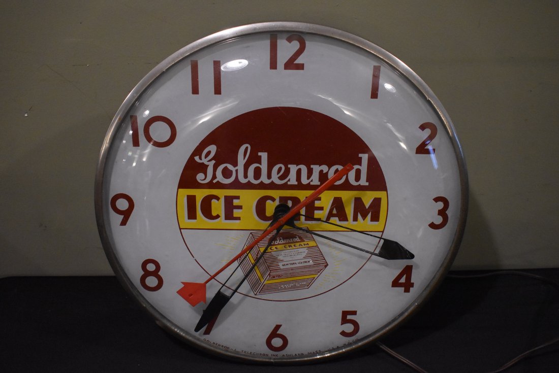 Vintage Goldenrod Ice Cream Clock Advertising: Vintage Goldenrod Ice Cream Lighted Clock, measures 15" in diameter, works