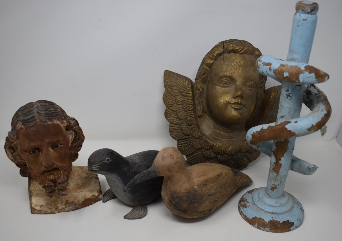 Group of 5 Pieces Folk Art Carved Wood: As shown, includes 2 Birds, Cherub, Snake Climbing a Pole and Jesus with Glass eyes. For size reference, snake on pole measures 13" tall.