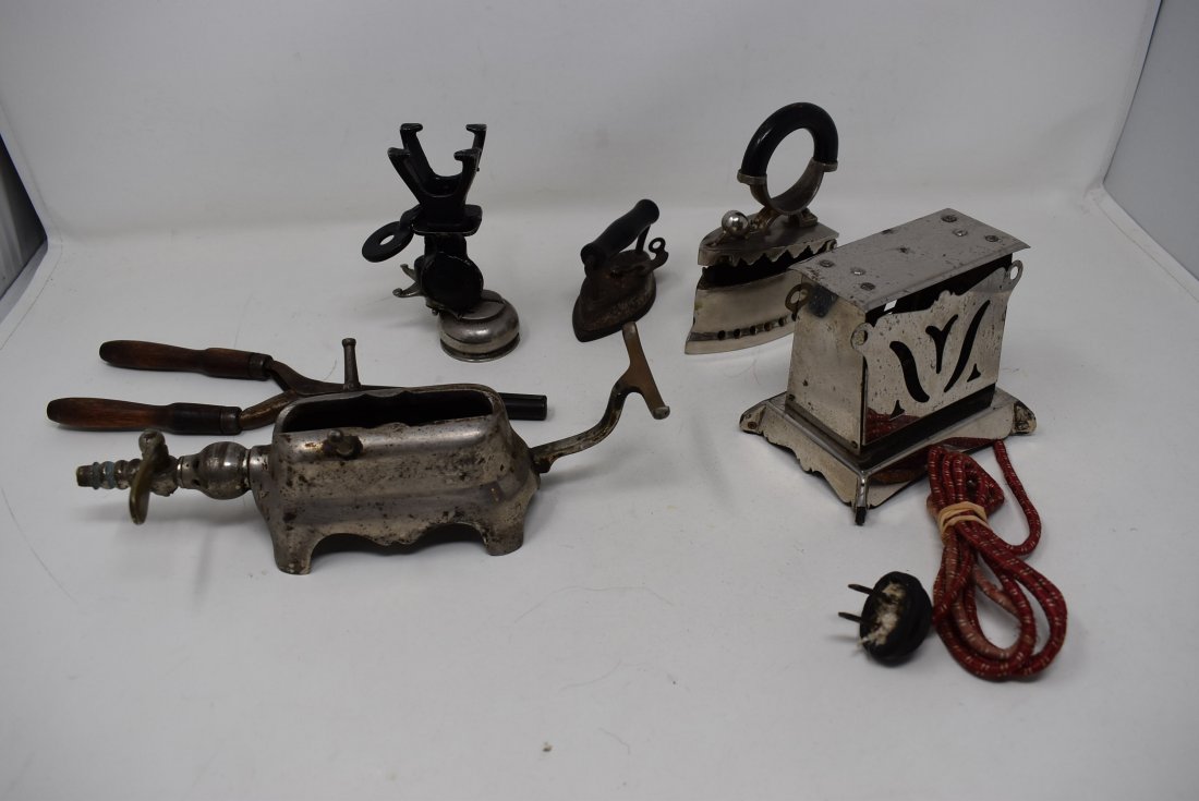 6 Vintage Mini Childs Kitchen Appliances: as shown, Irons measure approx. 4" long