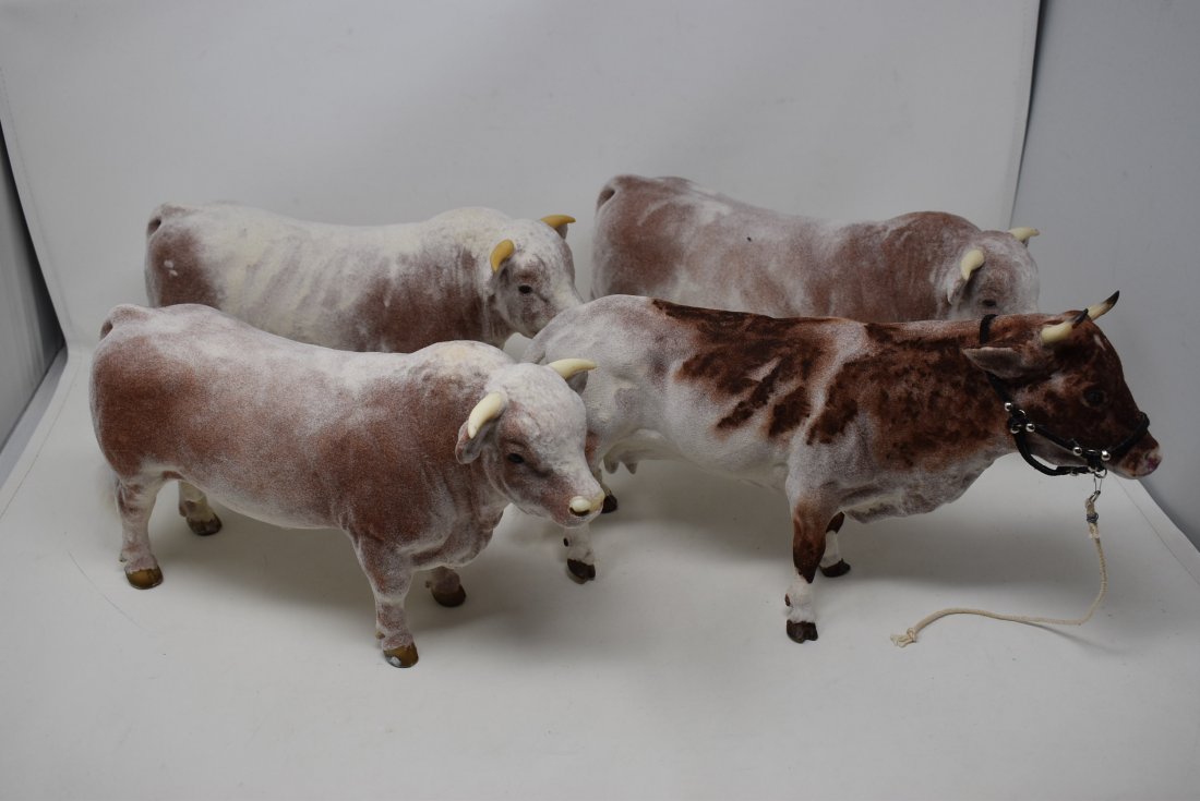 Lot of 4 Breyer Bulls Flocked: A Group of 4 Flocked Breyer Bulls, measuring 12" long