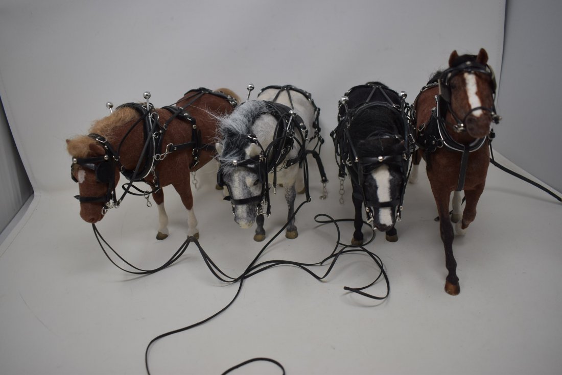 Lot of 4 Breyer Flocked Horses with Harness: A Lot of 4 Breyer Flocked Horses with Harnesses, assorted Colors