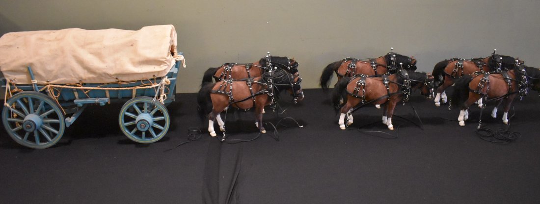 6 Flocked Breyer Horses Team with Wagon: A Group of 6 Breyer Flocked Horses with Harness and Wagon, as shown