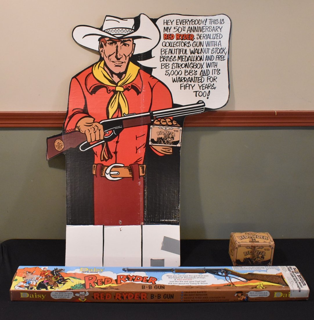Red Rider BB Gun 50th Anniversary 1988 w/ Display & BBs: Red Rider BB Gun 50th Anniversary 1988 w/ cardboard Display Topper & strongbox (33 packs) of bb's (bb gun box is just over 3 feet long, sign is just short of 3 ft tall)
