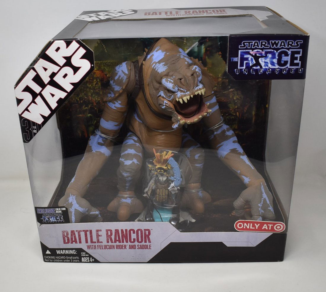 Target Star Wars Force Unleashed Battle Rancor New: Target Star Wars Force Unleashed Battle Rancor w/ Felucian Rider and saddle New in sealed box - box has some shelf wear (see photos) box measures 15" x 14" x 10"
