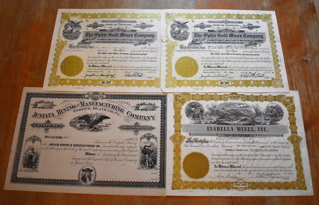 Lot of Stock Certificates Gold Mines: A Lot of 4 Stock Certificates including: Isabella Mines, The Ophir Gold Mines Company (2) and Juniata Mining and Manufacturing Company.