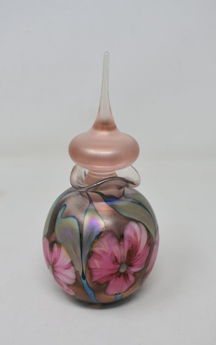 Charles Lotton Iridescent Multi Flora Art Glass Perfume: Lotton Art Glass Iridescent Pulled Feather Perfume Bottle. It is singed "Charles Lotton 1984" and comes in excellent condition. It measures 6.5" tall.