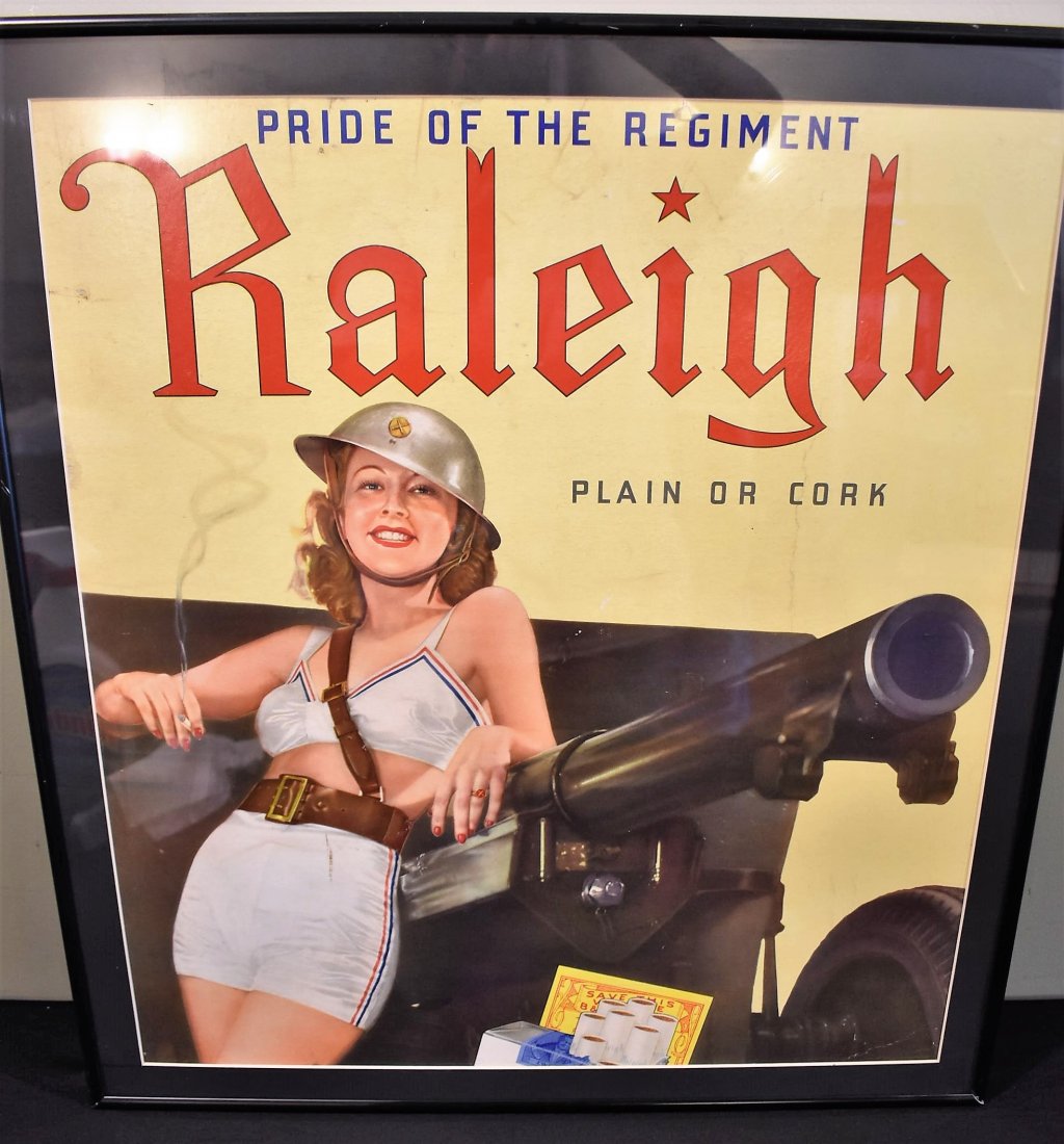 WWII Raleigh Cigarettes Advertising Poster: WWII Raleigh Cigarettes Advertising Poster "Pride of the Regiment". It measures 24" x 22" framed.