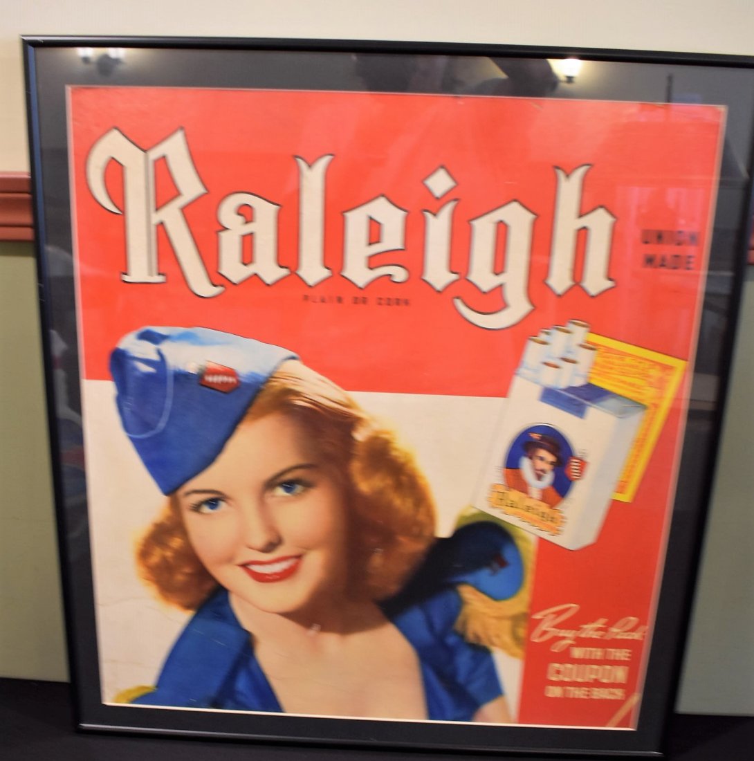 Vintage Raleigh Cigarettes Advertising Poster: Vintage Raleigh Cigarettes Advertising Poster, measures 24" x 22" framed.