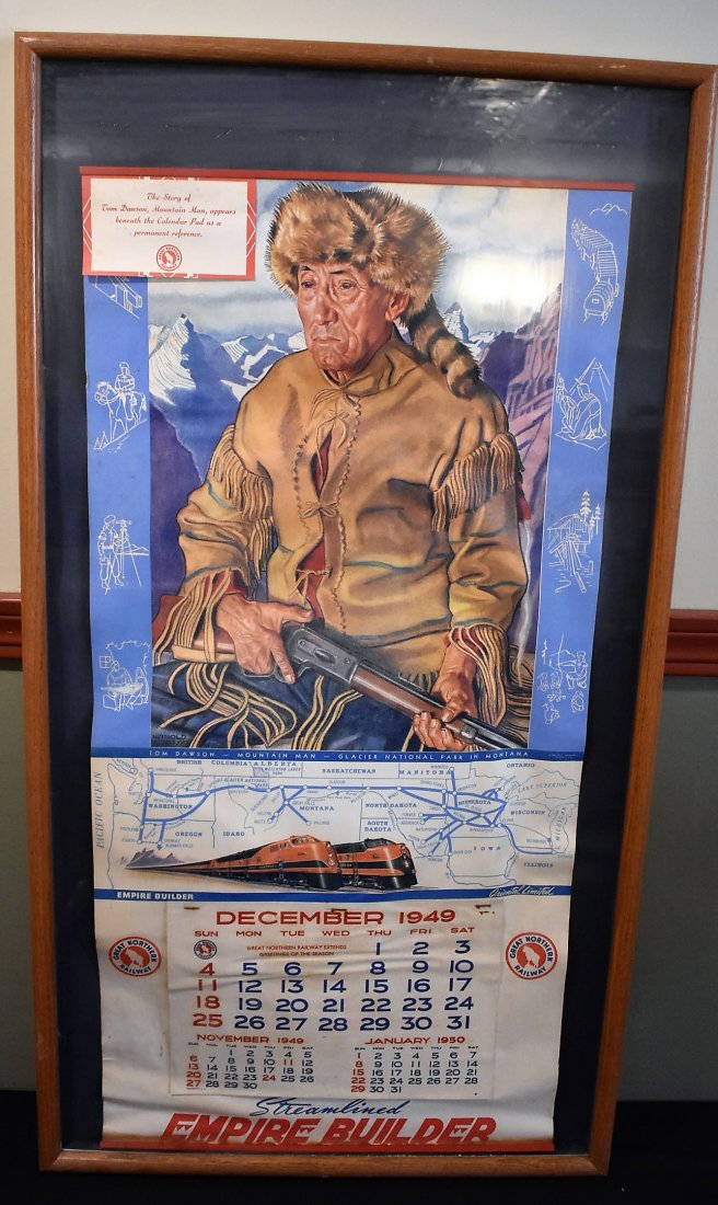 1949 Great Northern Railroad Advertising Calendar: 1949 Great Northern Railroad "Empire Builder" Calendar Poster Advertising. In 36" x 20" Frame.