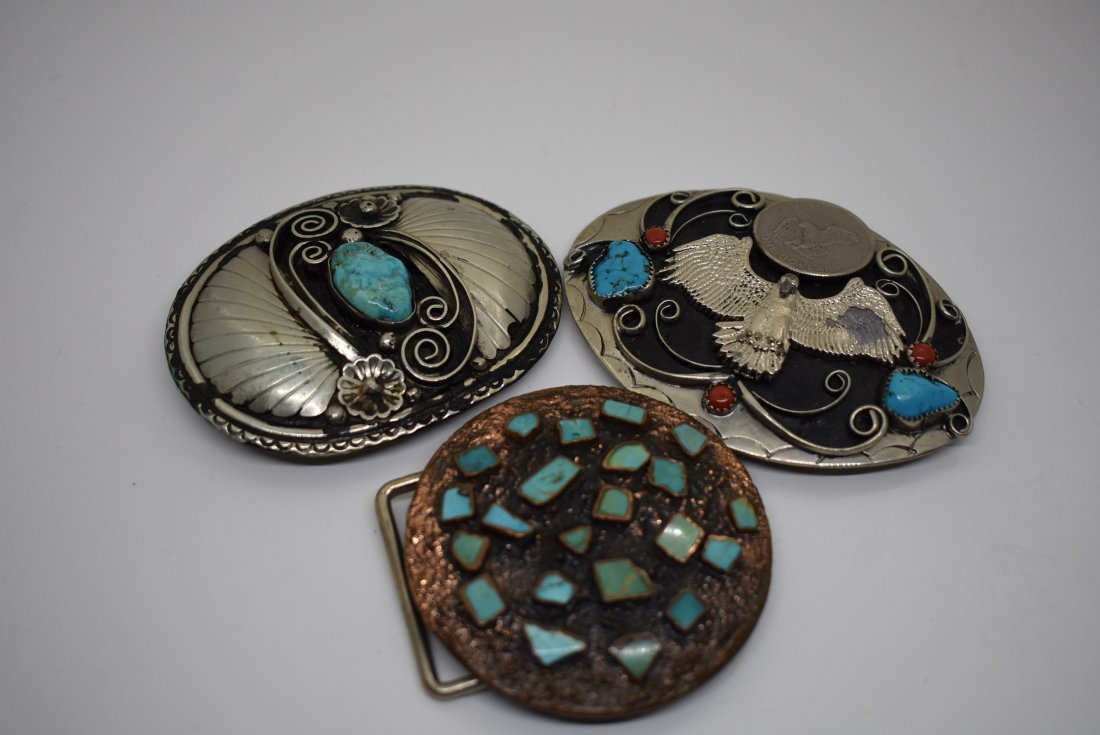 Lot of 3 Southwestern Belt Buckles: Nickel and Copper with Stones