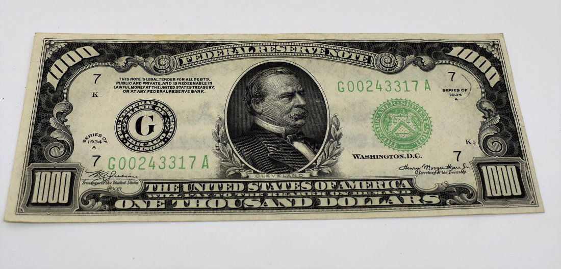 1934 $1000 Federal Reserve Note Washington D.C.: 1934 $1000 Bill Federal Reserve Note, Washington D.C. serial G00243317 A.