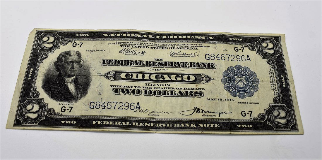1914 $2 United States Federal Reserve Note Chicago: 1914 $2 Bill, Federal Reserve Bank Note from Chicago, Blue Seal, Ship on the back