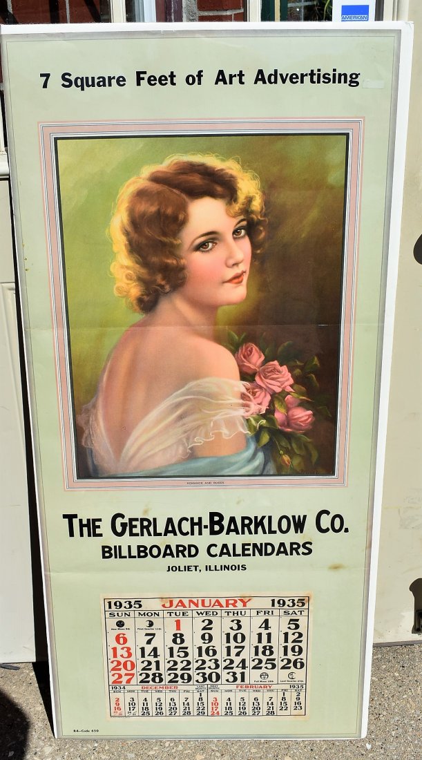 Vintage Gerlach-Barklow Salesman Sample Calendar 1935: Beautiful 1935 Gerlach-Barklow Co. Joliet, Illinois Salesman Sample Calendar. It is large size, measuring 46" x 21". Nicely mounted under plastic.