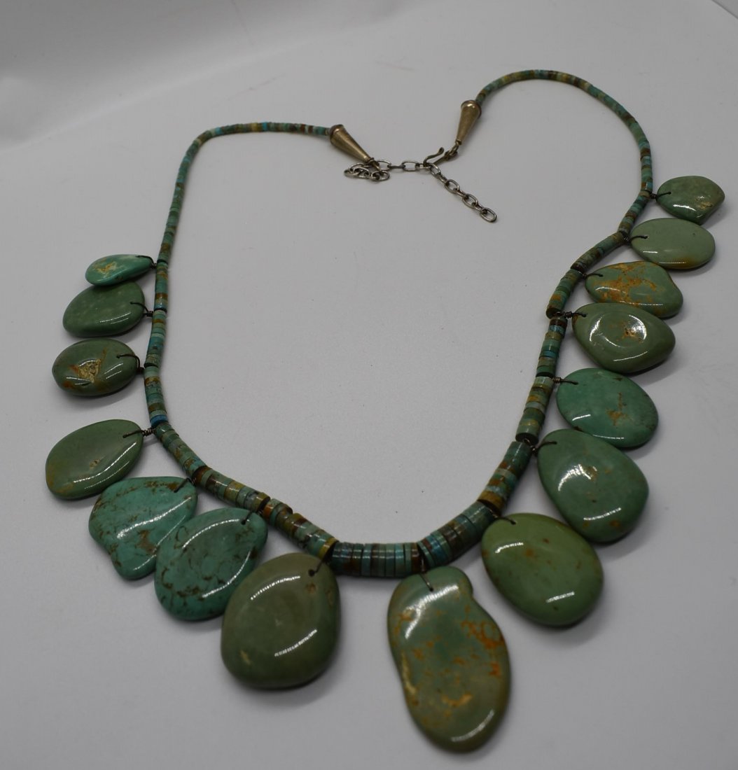 Large Turquoise and Sterling Silver Statement Necklace: Sterling Silver and Turquoise Statement Necklace, measures 24" long.