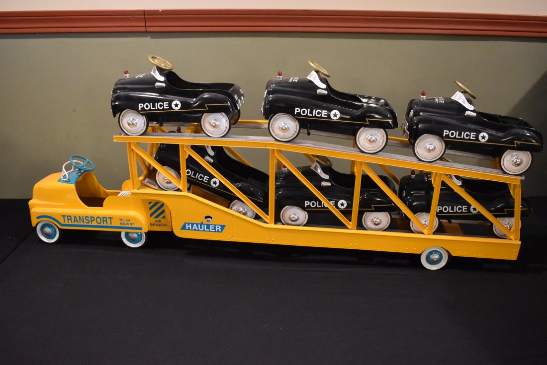 Limited Edition Ken Kovich Large Police Car Transport: Limited Edition Ken Kovice Large Police Car Transport Truck and Trailer with 6 Squad Cars. These are die-cast with a total length is 43". It is hand signed and numbered 6/33.