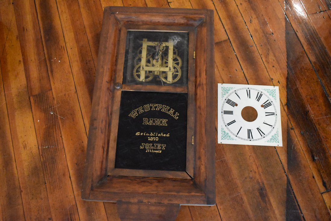 Vintage Clock Joliet Westphal Bank Birge & Fuller: Antique/Vintage Clock from Westphal Bank, Joliet Illinois. Movement by Birge & Fuller, not running, dial not on clock but is included. Measures 29"x15"