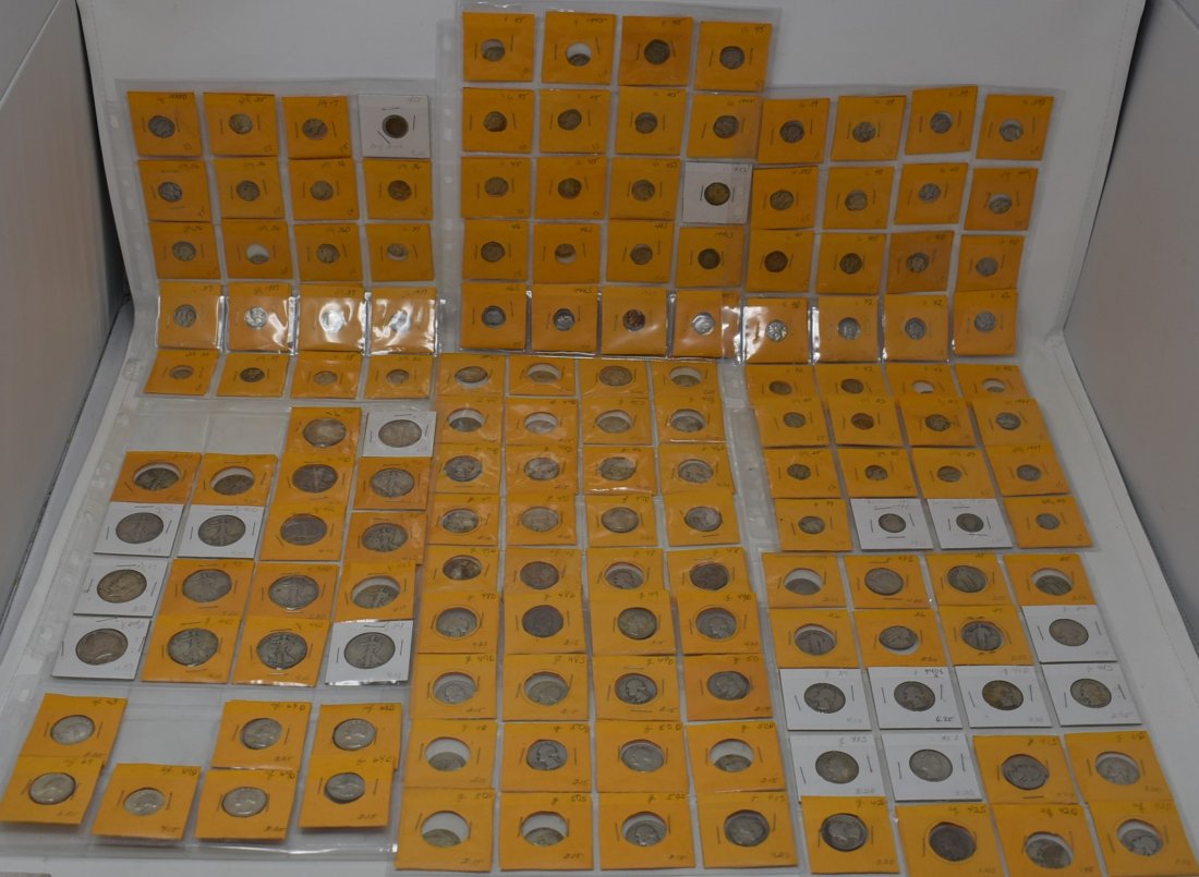 153 Silver US Coin Lot Dimes Quarters & Half Dollars: 153 Silver US Coin Lot Including: 72 Dimes (3 Barbers, 61 Mercury & 8 Washington) 63 Quarters (1 Barber, 5 Standing Liberty & 57 Washington) & 18 Half Dollars (16 Walking Liberty & 2 Kennedy) for a gr