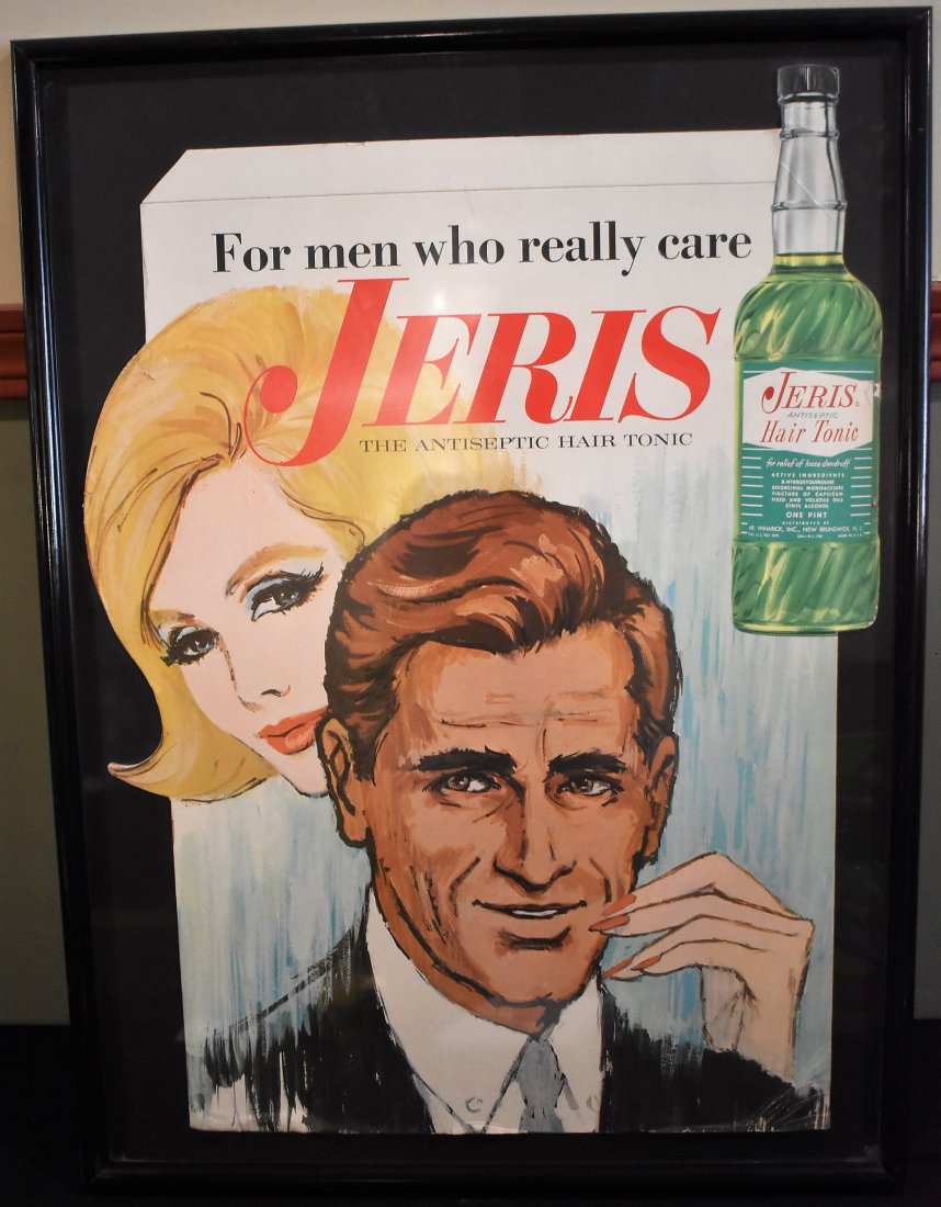 Vintage Jeris Hair Tonic Advertising Piece: Vintage Jeris Hair Tonic Advertising Poster, measures 23" x 18", framed