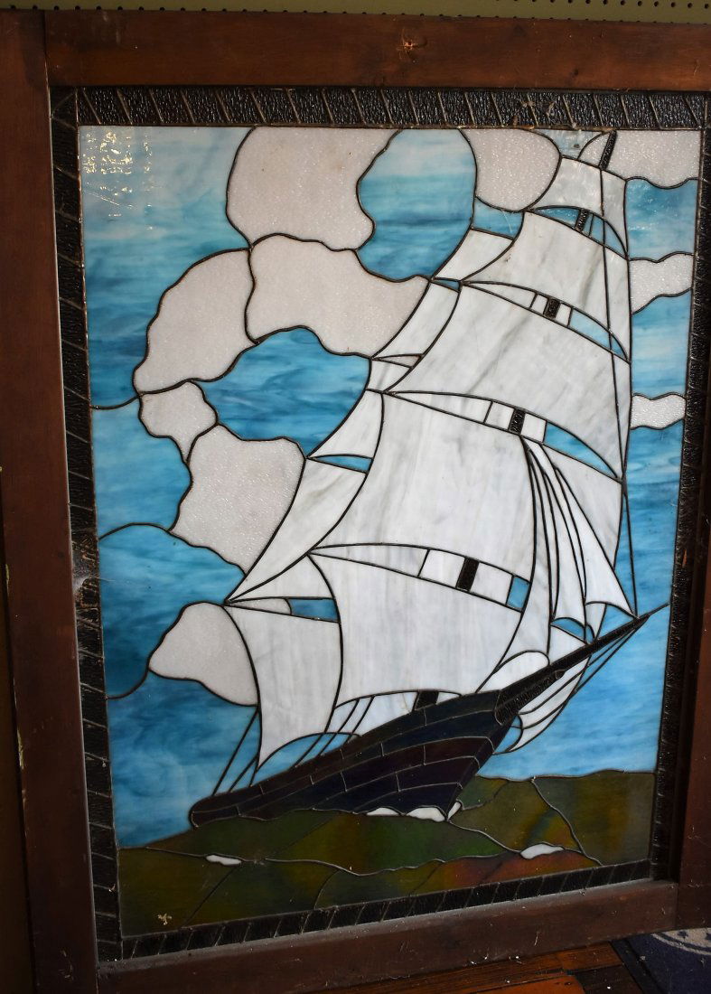 Stained Glass Window Ship: Large Framed Stained Glass Window showing a Ship, the window itself measures 46" x 35"