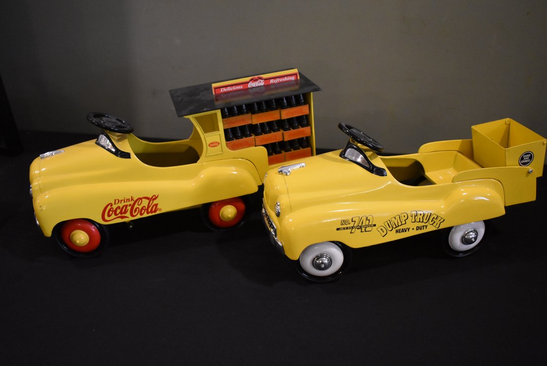 2 LImited Edition Xonex Die-Cast Mini Pedal Cars: 2 Xonex Mini Die-Cast Pedal Cars including Coca-Cola and Dump Truck, 11.5"Long