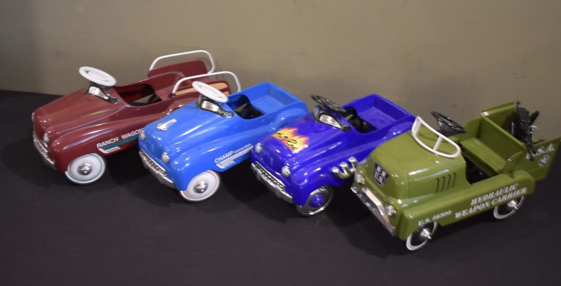 Lot of 4 Xonex Die-Cast Mini Pedal Cars: Lot of 4 Xonex 11.5" Die-Cast Mini-Pedal Cars including: Champ Convertible, Ranch Wagon, Hot Rod and Hydraulic Weapon Carrier.