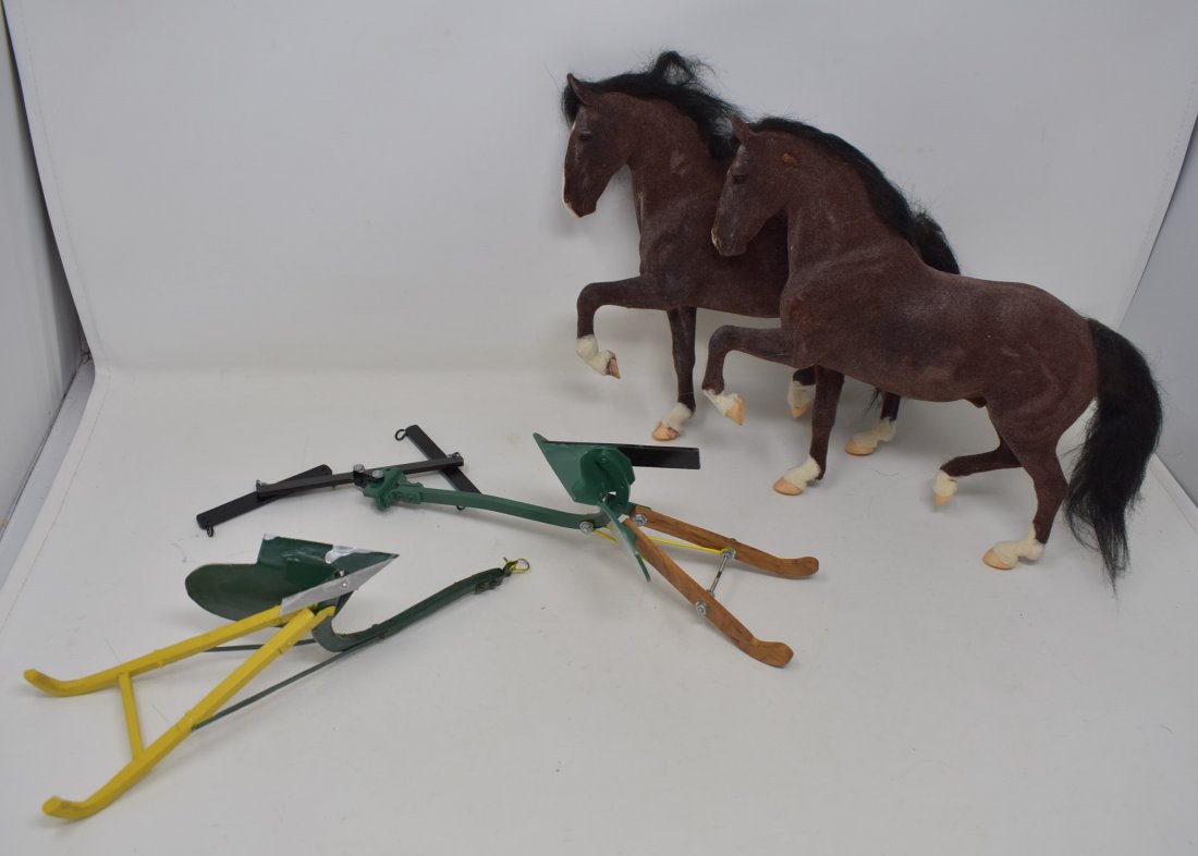 Pair of Flocked Breyer Horses with Plows: A Pair of Flocked Breyer Horses with Plows.