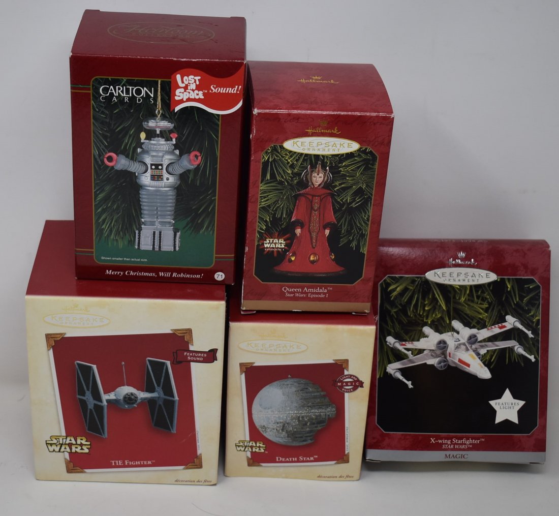 5 Hallmark Star Wars & Carlton Lost in Space Ornaments: 4 Hallmark Star Wars (Deathstar, Tie Fighter, Queen Amidala & X-wing Starfighter) & 1 Carlton Lost in Space Ornaments - these are gently used and in original boxes