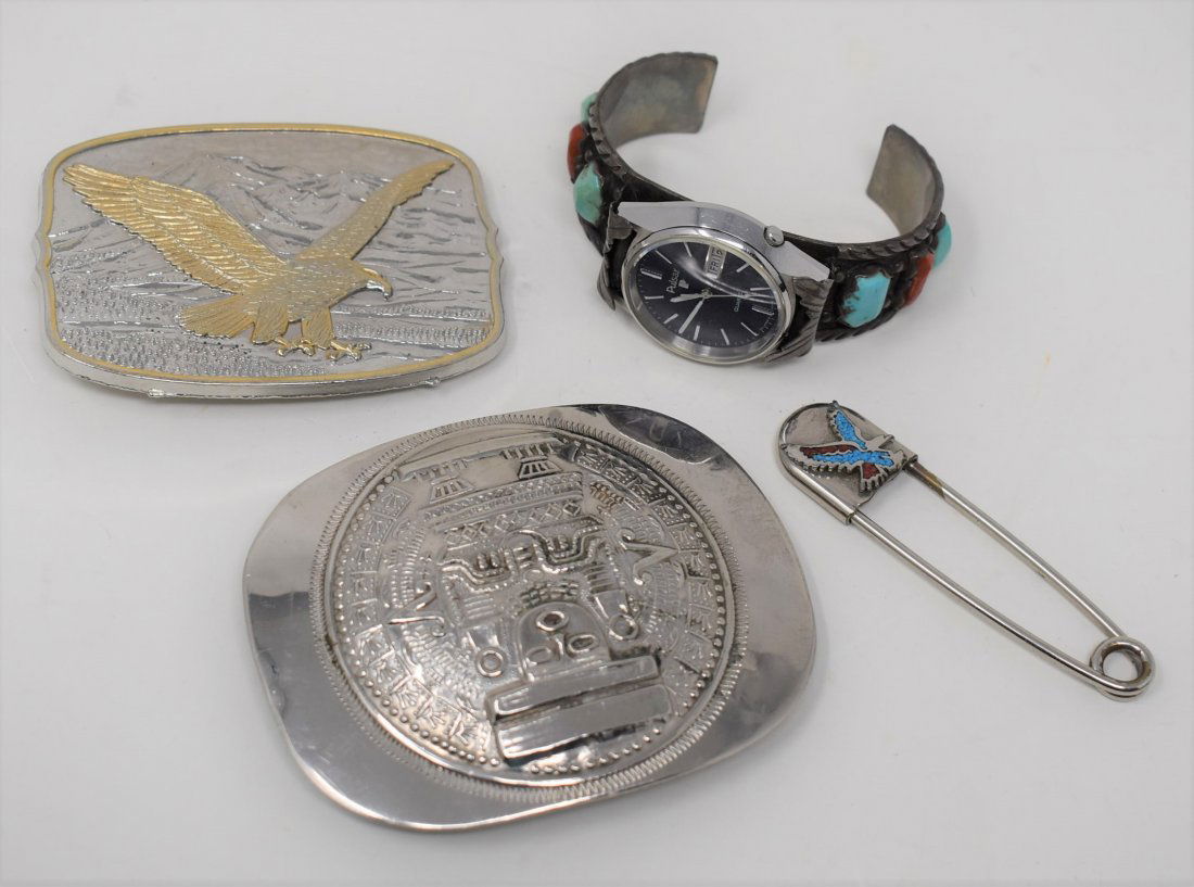 Mexican Sterling 925 Belt Buckle, Zuni Marvelyne Cheama: Lot includes Mexican Sterling 925 Belt Buckle, watch band made by Zuni Marvelyne Cheama (light but recognizable hallmark) with Pulsar watch (unknown working status) & 2 costume pieces thrown in (buckl