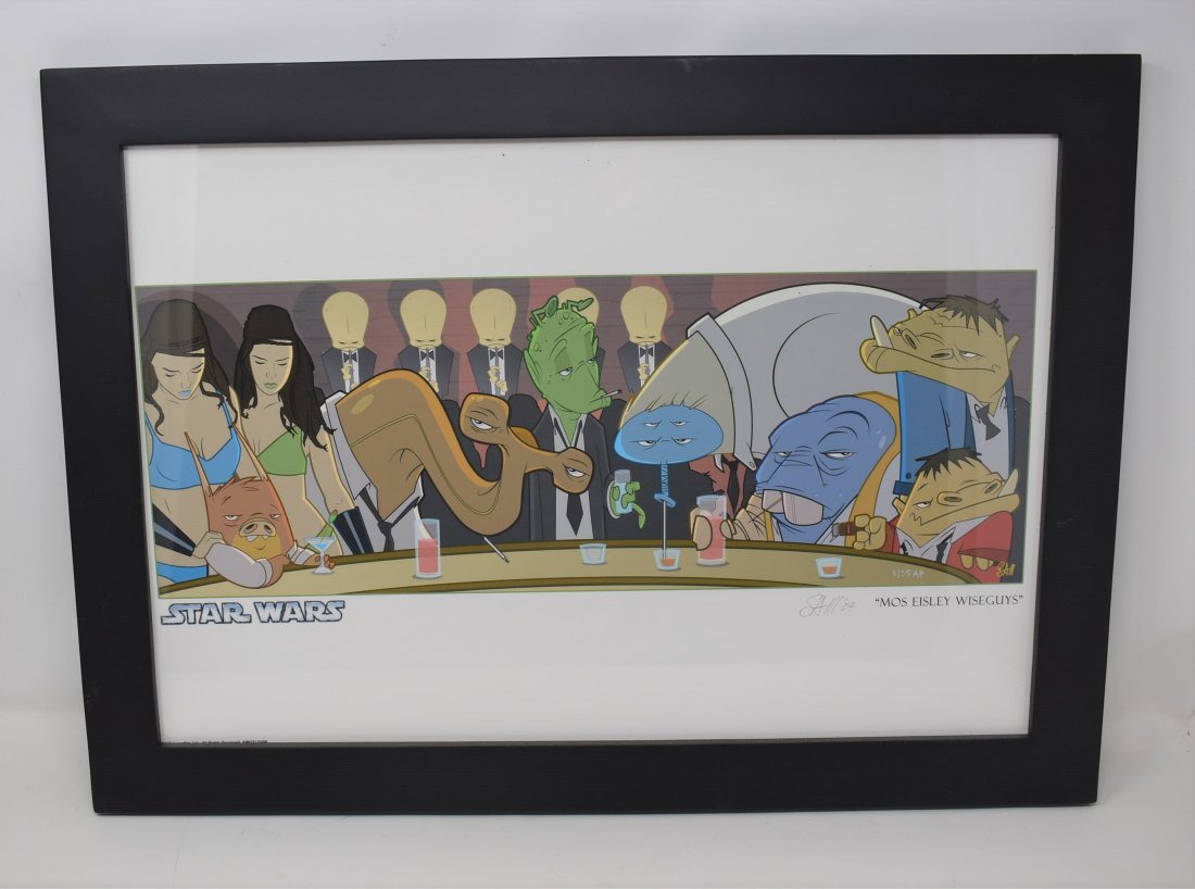 Sam Fout Star Wars "Mos Eisley Wiseguys" AP 11/35: Sam Fout Star Wars "Mos Eisley Wiseguys" Signed Artist Print AP 11/35 - print is in great shape but the frame has issues
