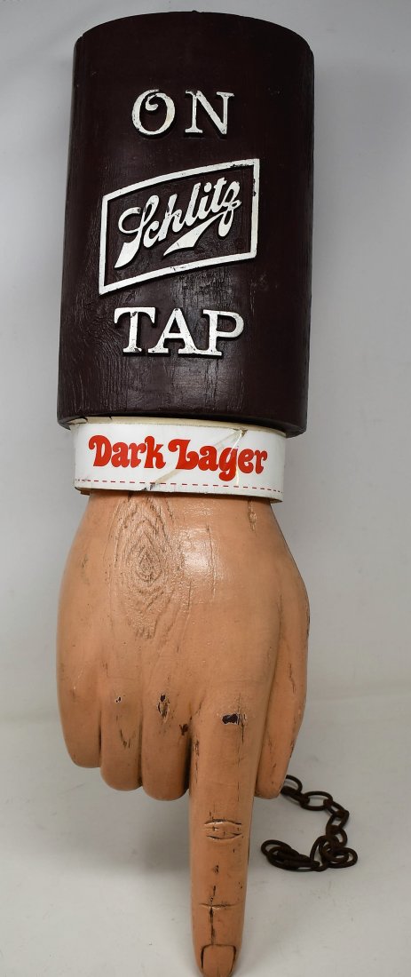 Vintage Schlitz Dark Lager "Pointing Finger" Beer Sign: Vintage Schlitz "Pointing Finger" Dark Lager Hanging Beer Sign. Super cool, made of hard plastic, it measures 23" long, has chain for hanging.