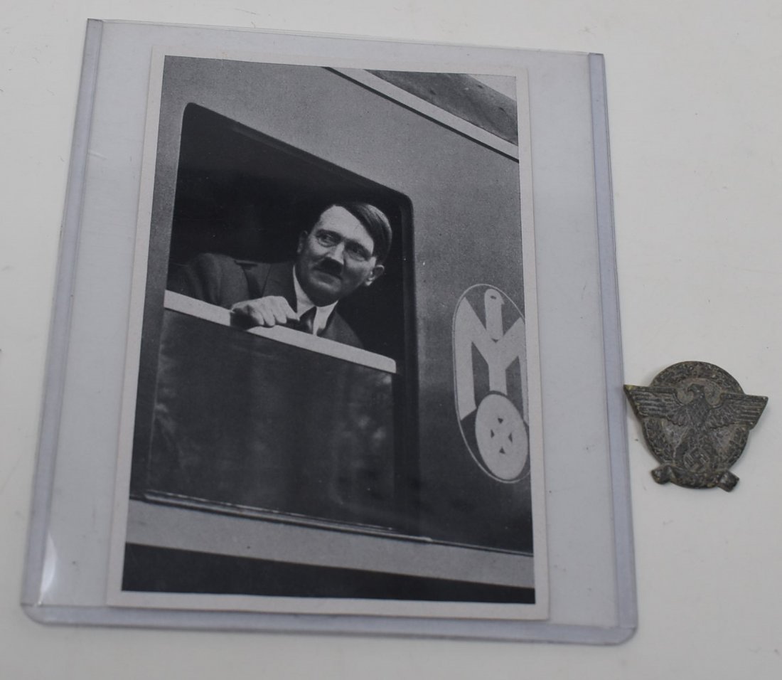 Nazi Adolf Hitler Photo Card and Medal with Swastika: Nazi Adolf Hitler Photo Card (in German) and a Medal with a Swastika
