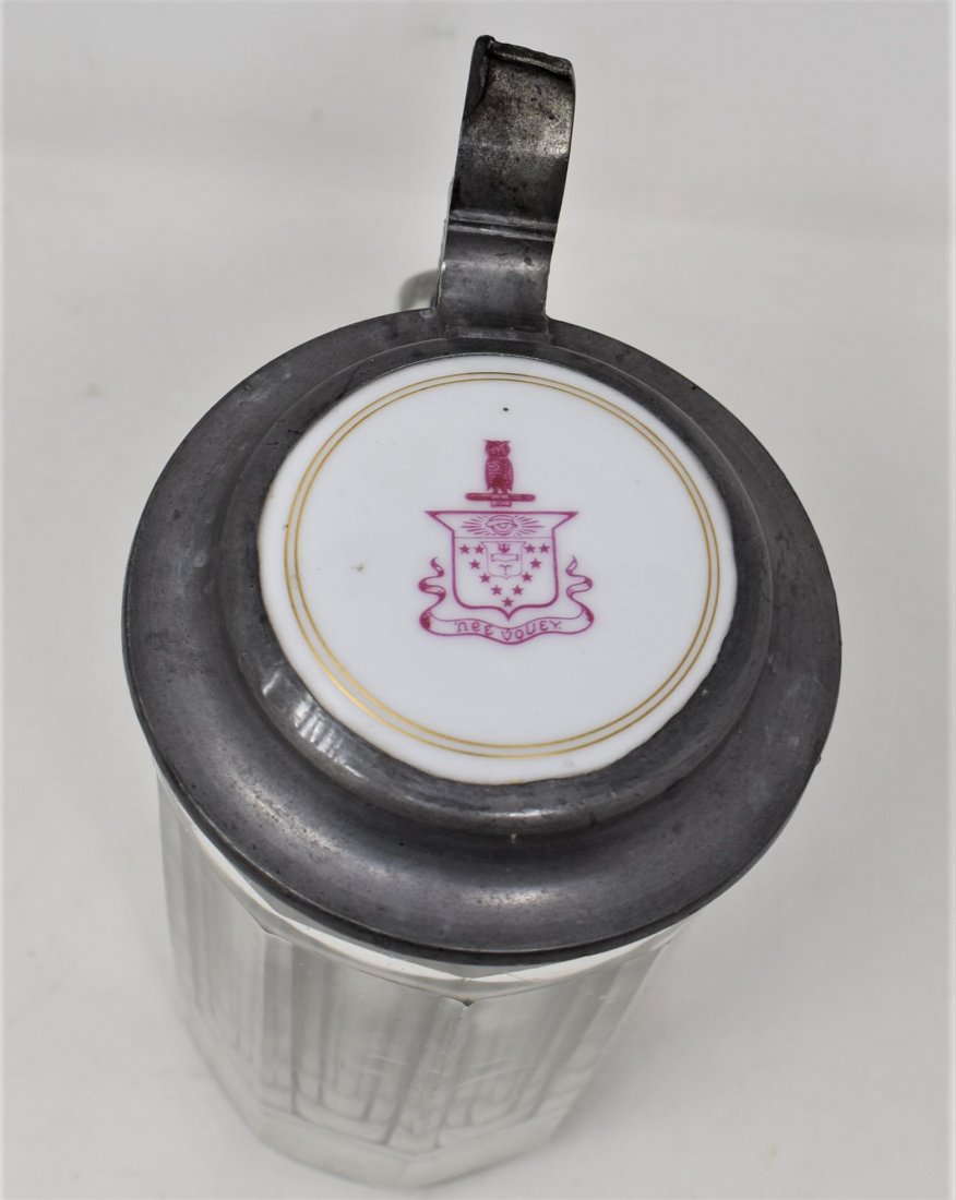 1/2 Liter Burley & Co. Chicago Glass Stein w/ Inlay: 1/2 Liter Burley & Company Chicago Glass Stein w/ Masonic(?) Inlay of an owl over a shield w/ Nee Vouey in Banner. Temple owl? related? no chips or cracks, thumb lift slightly flattened on one side