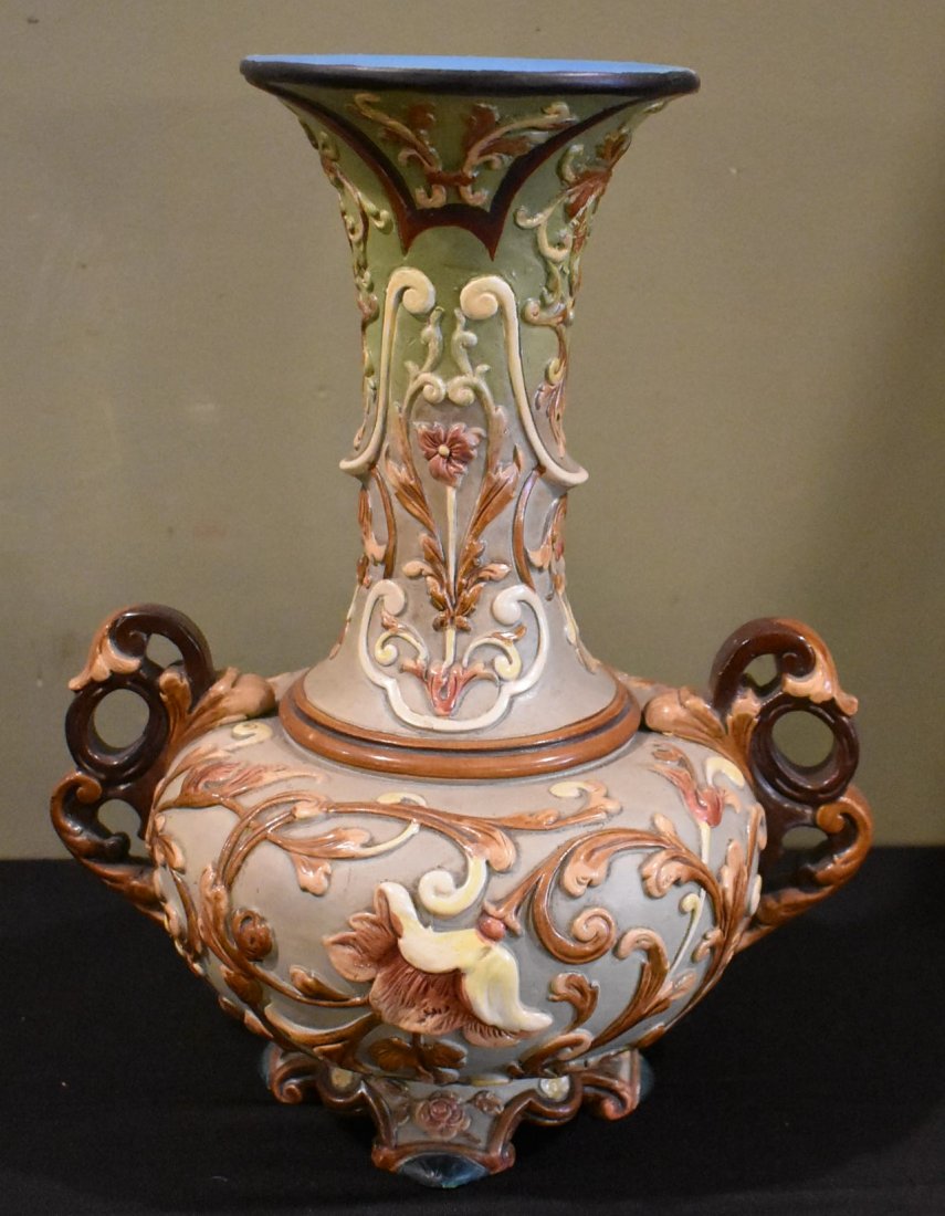 Antique Czech Majolica Vase W. Schiller & Sons: Antique Czech Majolica Pottery Vase, Wilhelm Schiller & Sons, measures 12.5" tall