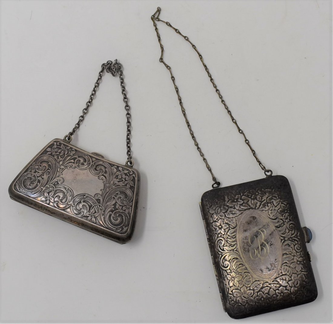 Lot of 2 Antique Purses Compacts - 1 Sterling Silver: A Lot of 2 Antique Sterling Silver Purses/Compacts - 1 is marked sterling, the other is not (that we can see) but appears to be sterling and is very well done as well