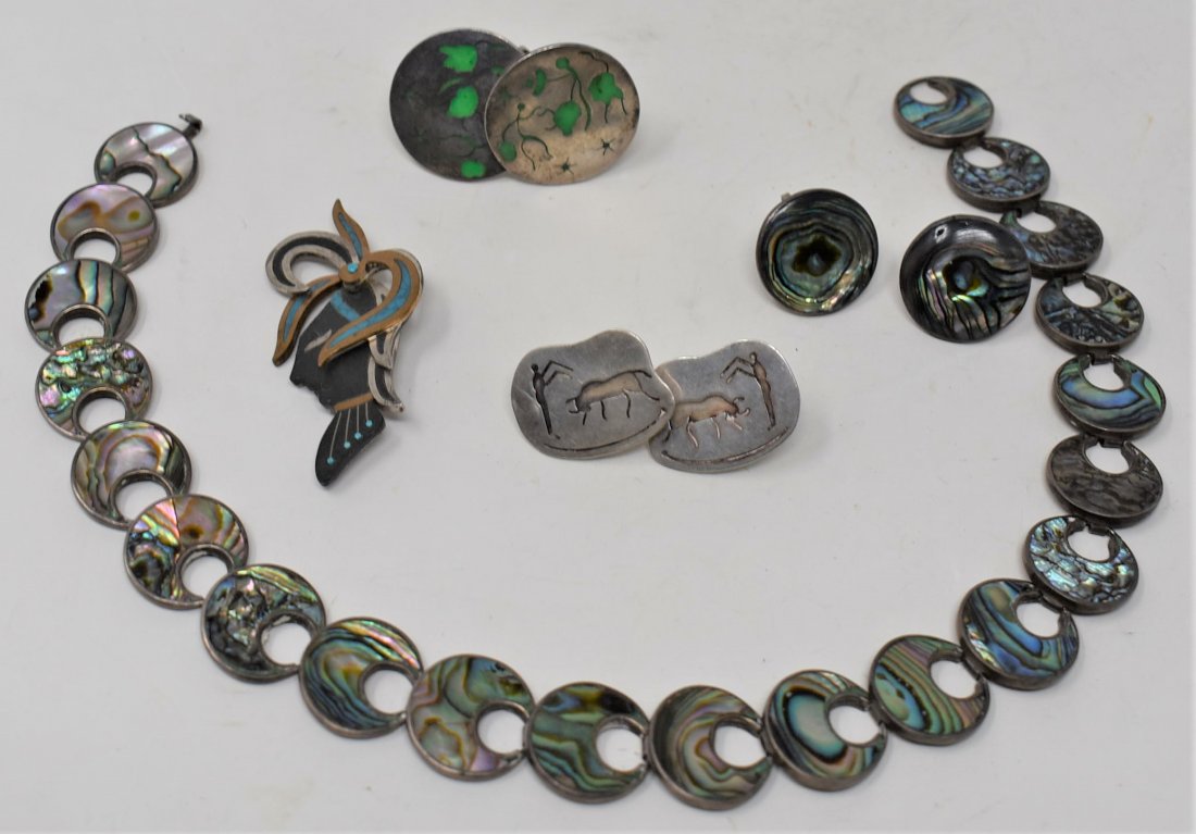 Sterling Silver Abalone Necklace Earrings Piedra Negra: Sterling Silver Lot: Abalone Necklace & Earrings (Necklace Marked Silver Taxco, Earrings marked Sterling)Pin Marked Piedra Negra, 925 Screwback earrings marked SM Taxco Featuring a bullfighter and Bul