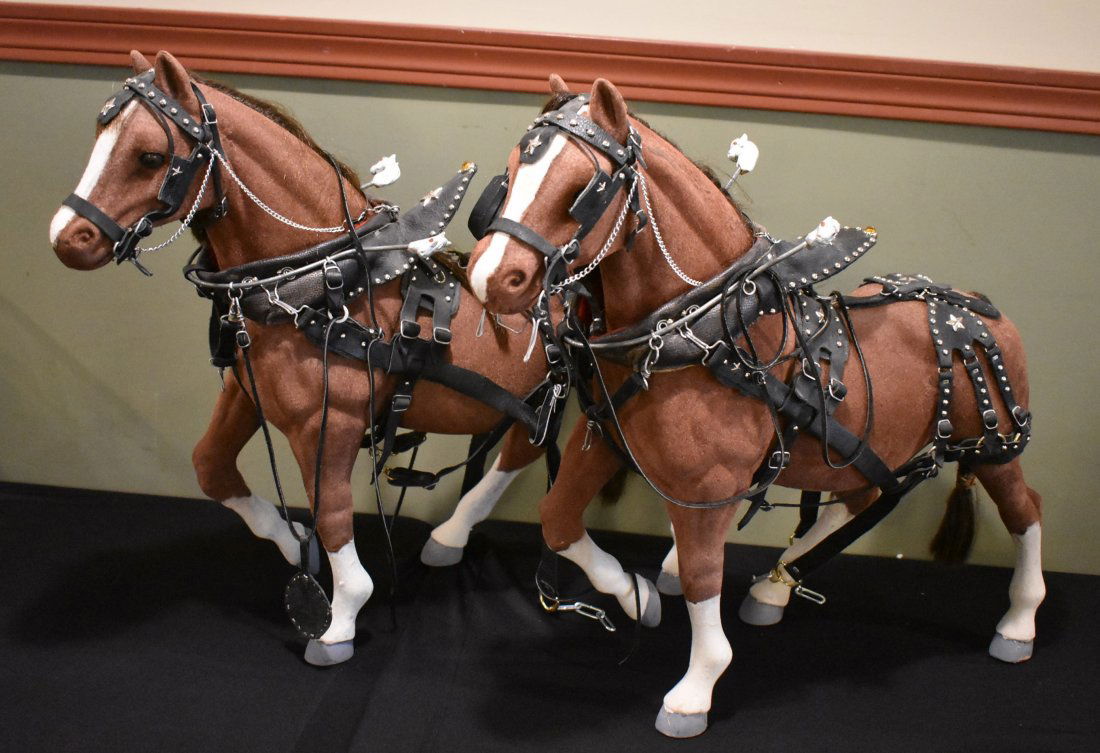 2 Large Flocked Horses with Harnesses: 2 Large Flocked horses with Harnesses, measuring 23" tall