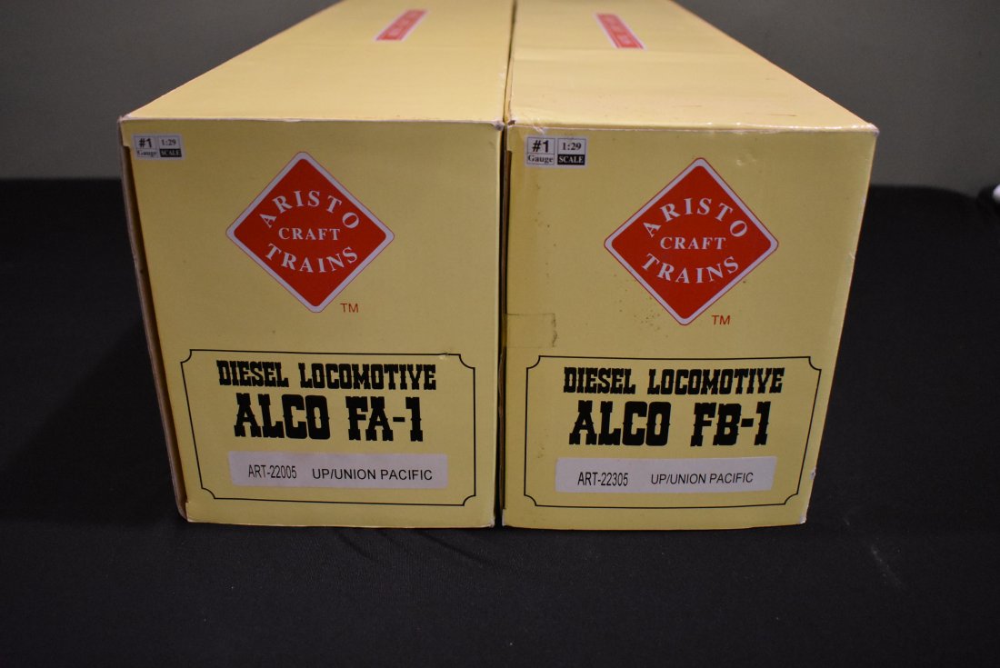 Aristocraft G UP FA-1 & FB-1 Alco Locomotives UP NEW: Aristo Craft G Scale Union Pacific Alco FA-1 #22005 & Alco FB-1 #22305 Locomotives, new in box. Interior contents are still sealed.