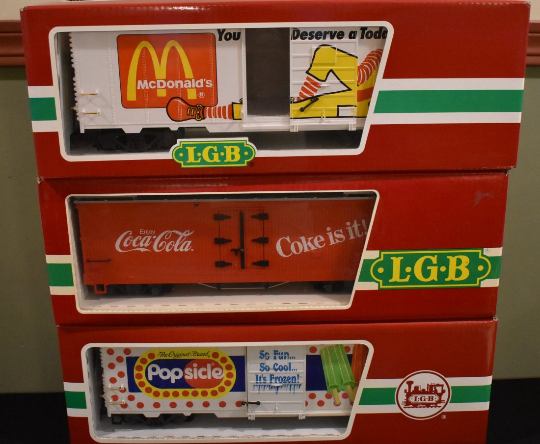 3 LGB Cars NEW G Scale: A Lot of 3 G Scale LGB Cars including 48916 Popsicle, 4072 Coke and 44910 McDonalds.