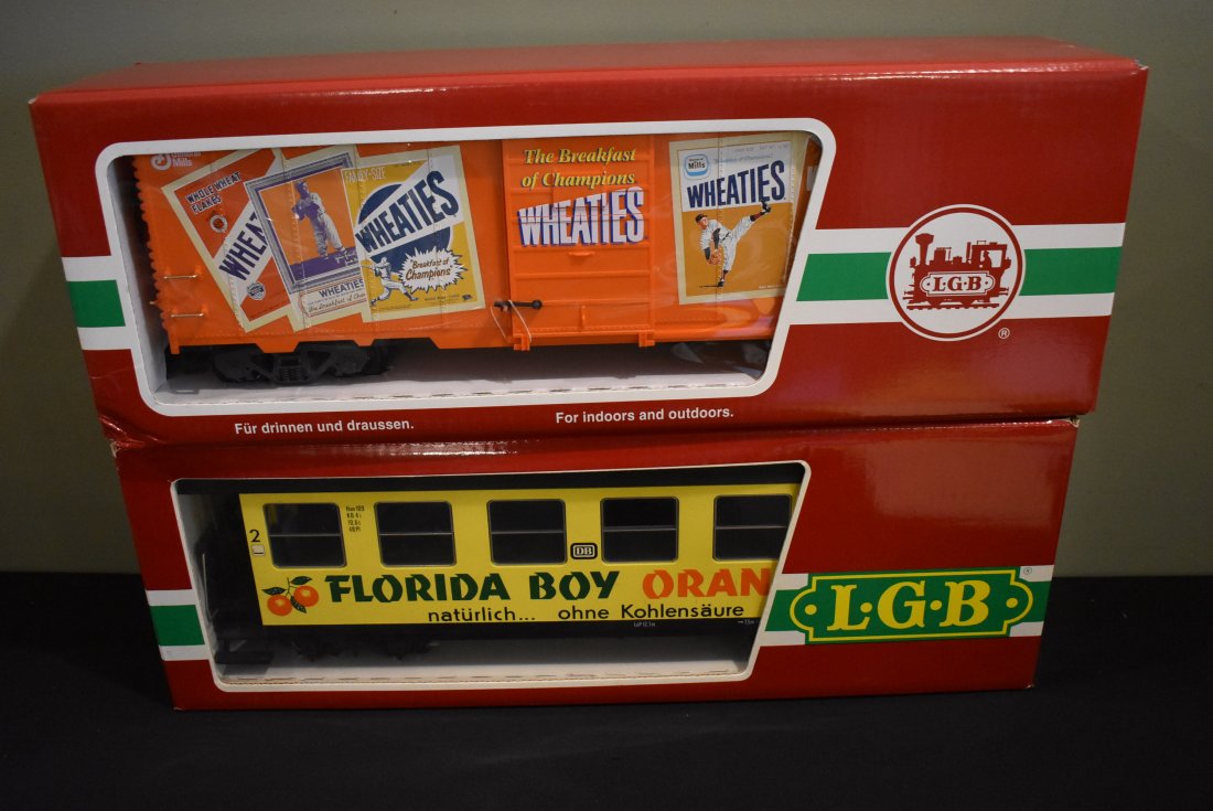 Lot of 2 LGB G Scale Cars 3072 44916: A Lot of 2 G Scale LGB Cars, 3072 Florida Boy Orange and 44916 Wheaties.
