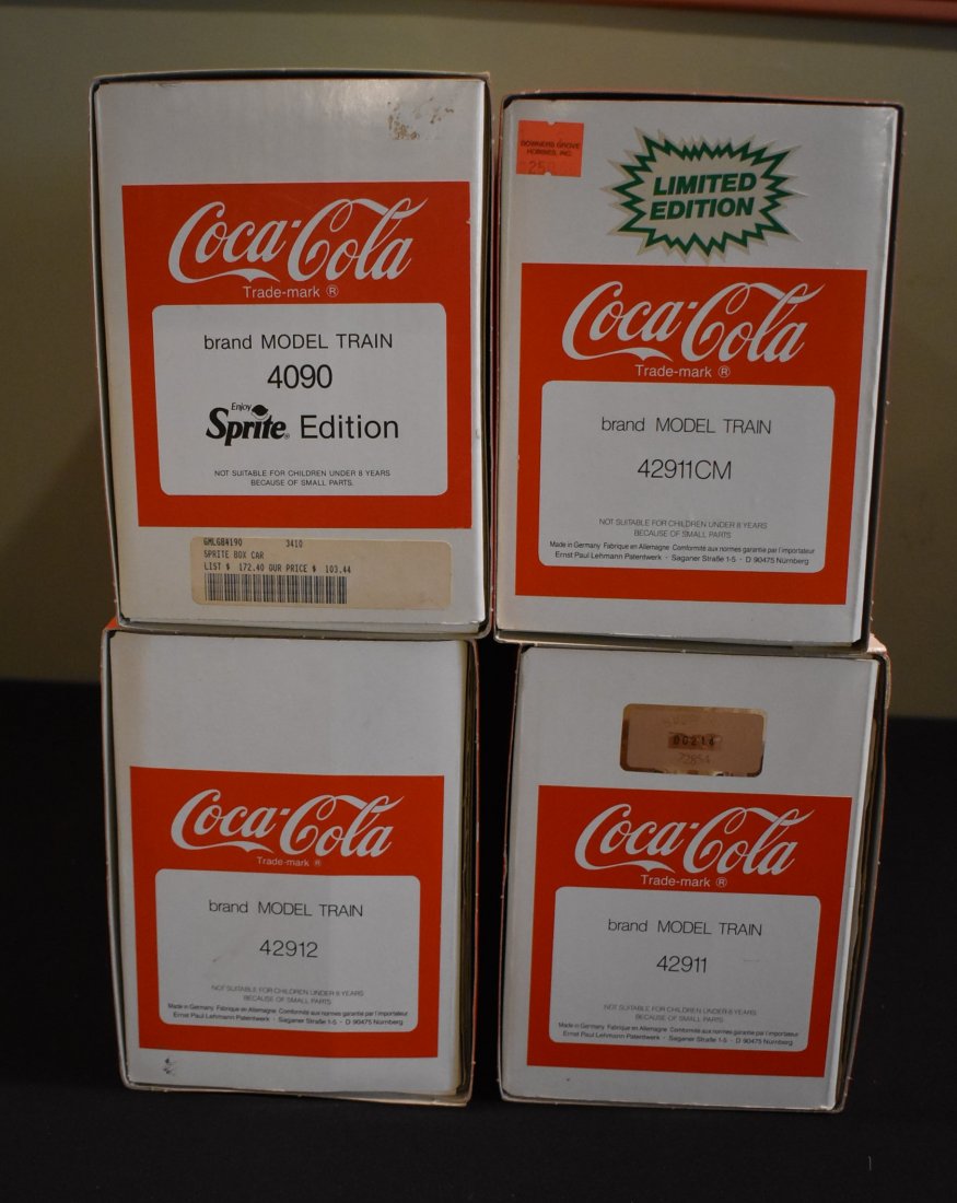 Lot of 4 LGB G Scale Coca-Cola Cars: A Lot of 4 LGB G Scale Coca-Cola Cars including: 42912, 4090, 42911 and 42911CM. All are in original boxes.